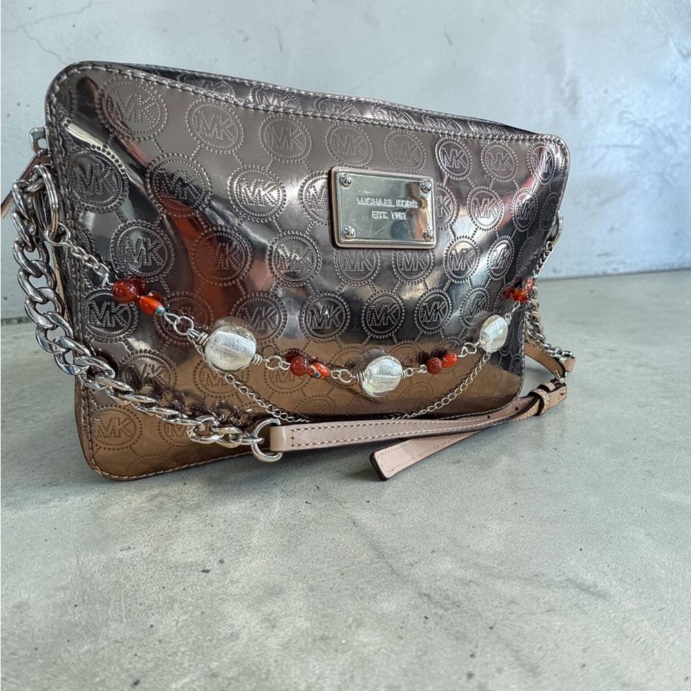 Michael Kors Metallic Silver Crossbody Bag and Handmade Bag Necklace Chain - Picture 7 of 13
